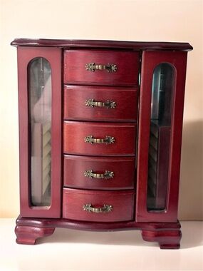 Wooden Jewelry Armoire Chest in Deep Red - Classic Storage Organizer